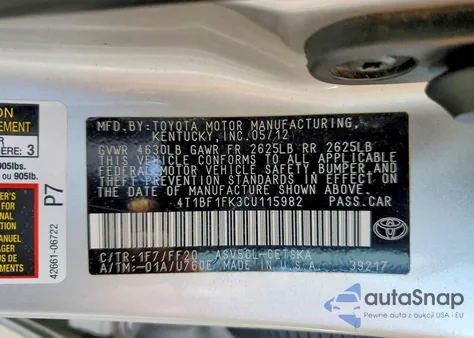 2012 Toyota Camry Base z USA, uszkodzony, nr VIN 4T1BF1FK3CU115982